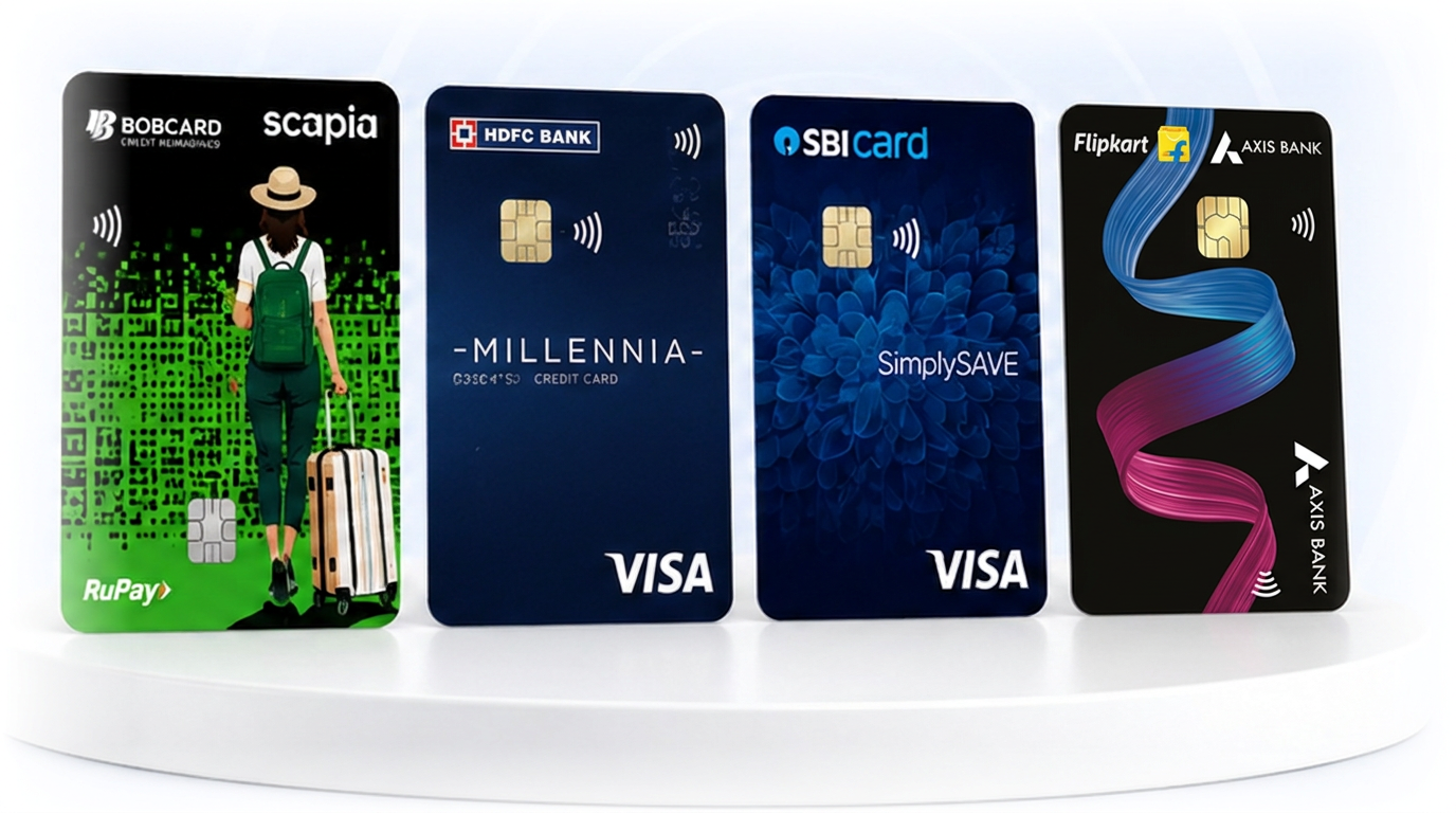Scapia, HDFC Bank, SBI Card and Flipkart Axis Bank credit cards standing on a white pedestal