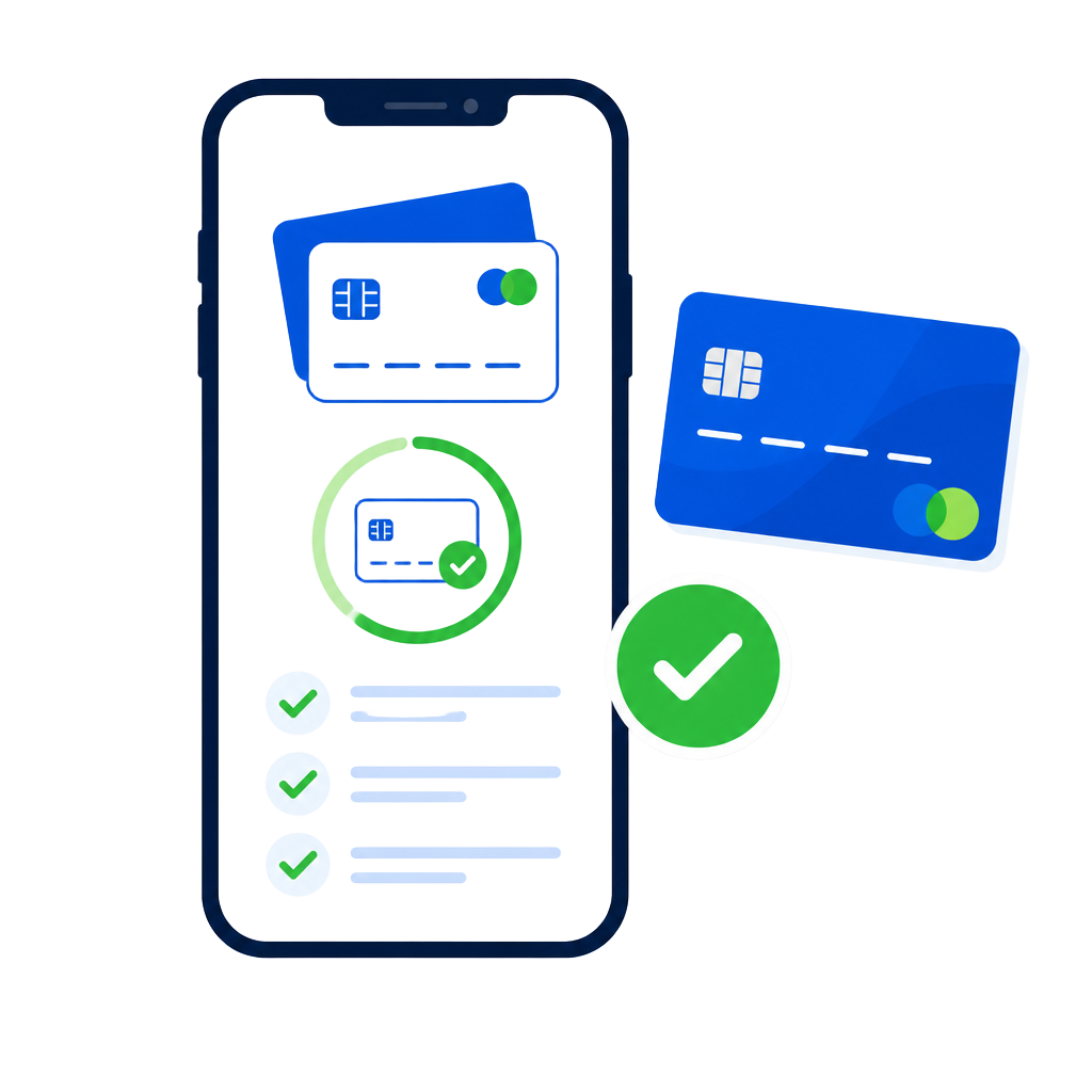 Illustration of a phone matching a user with suitable credit cards